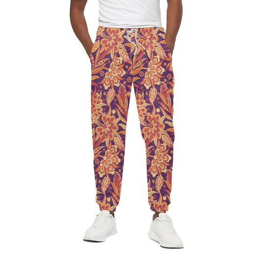 Orange Bohemian Floral Pattern Print Cotton Pants