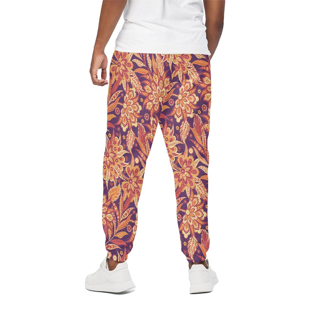 Orange Bohemian Floral Pattern Print Cotton Pants