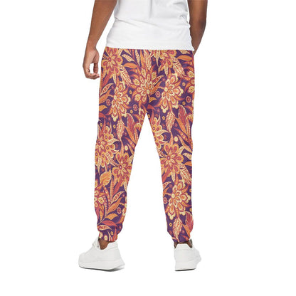 Orange Bohemian Floral Pattern Print Cotton Pants