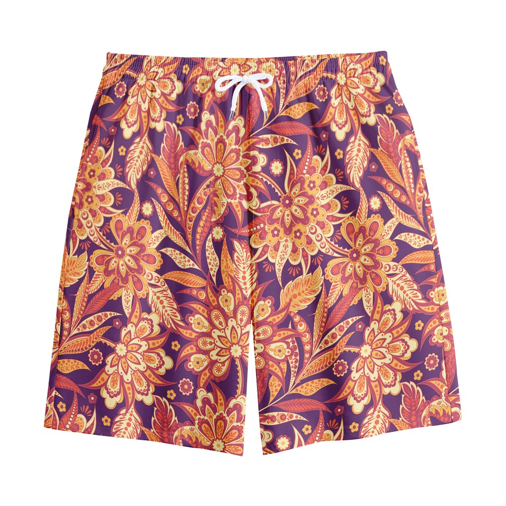 Orange Bohemian Floral Pattern Print Cotton Shorts