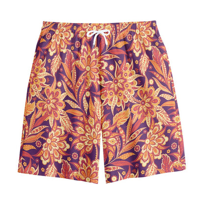Orange Bohemian Floral Pattern Print Cotton Shorts