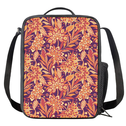 Orange Bohemian Floral Pattern Print Crossbody Lunch Bag