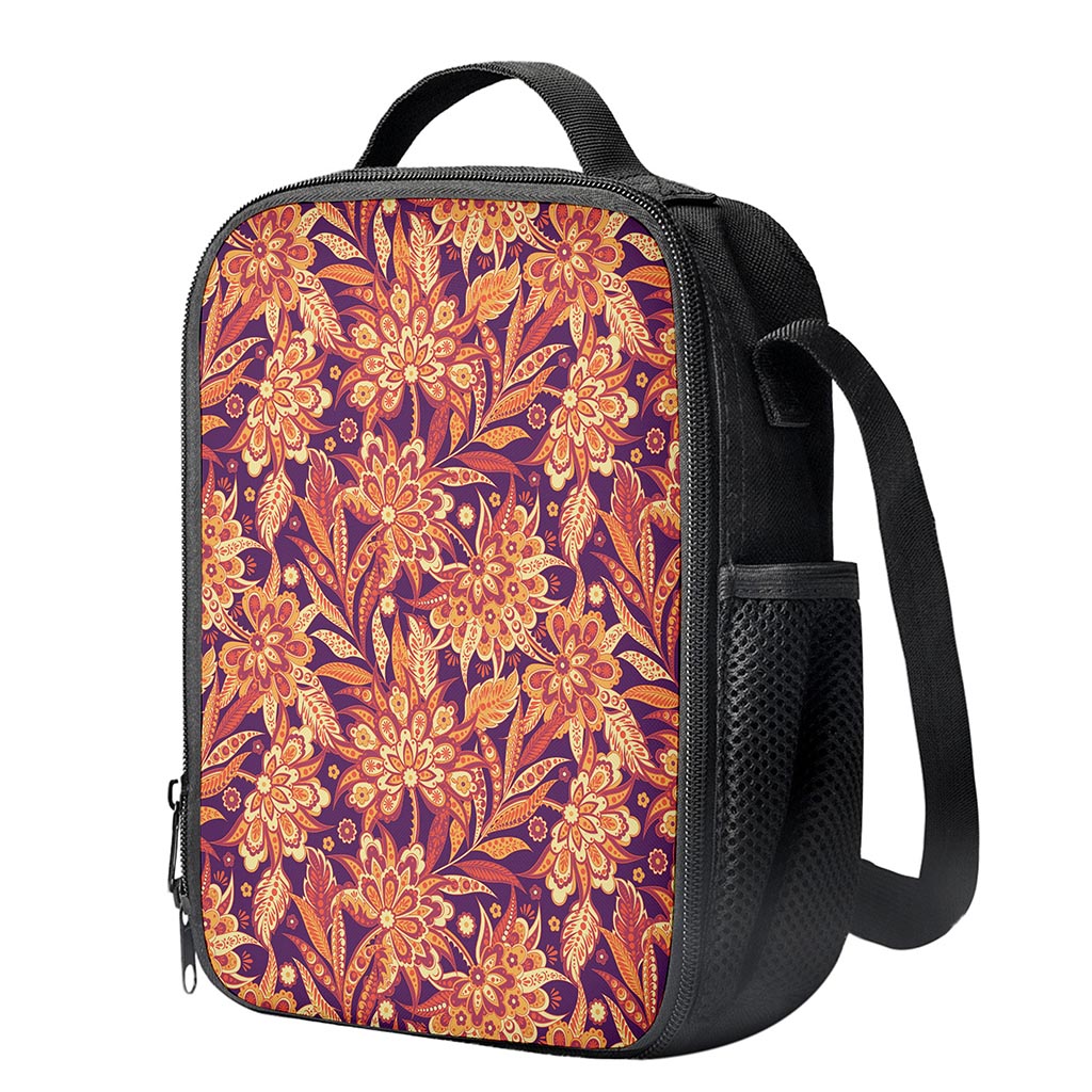 Orange Bohemian Floral Pattern Print Crossbody Lunch Bag