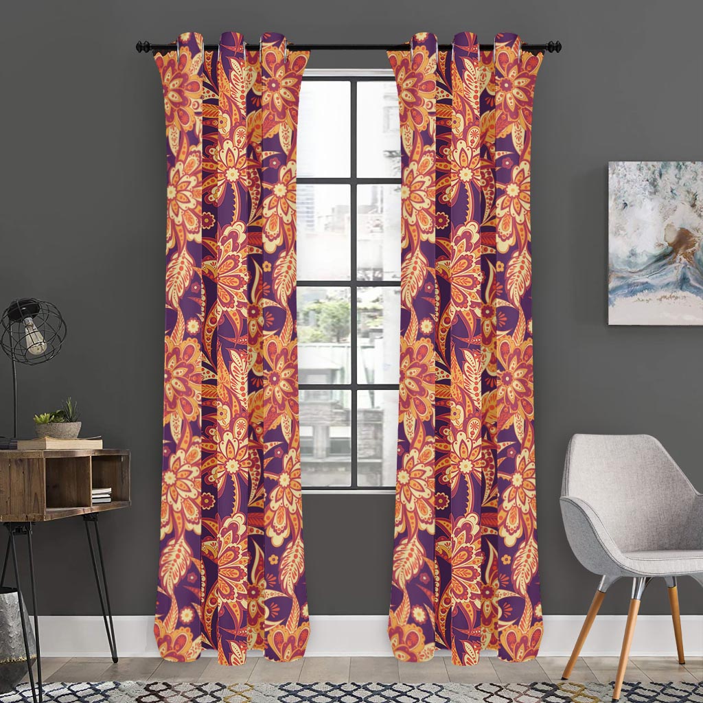 Orange Bohemian Floral Pattern Print Curtain