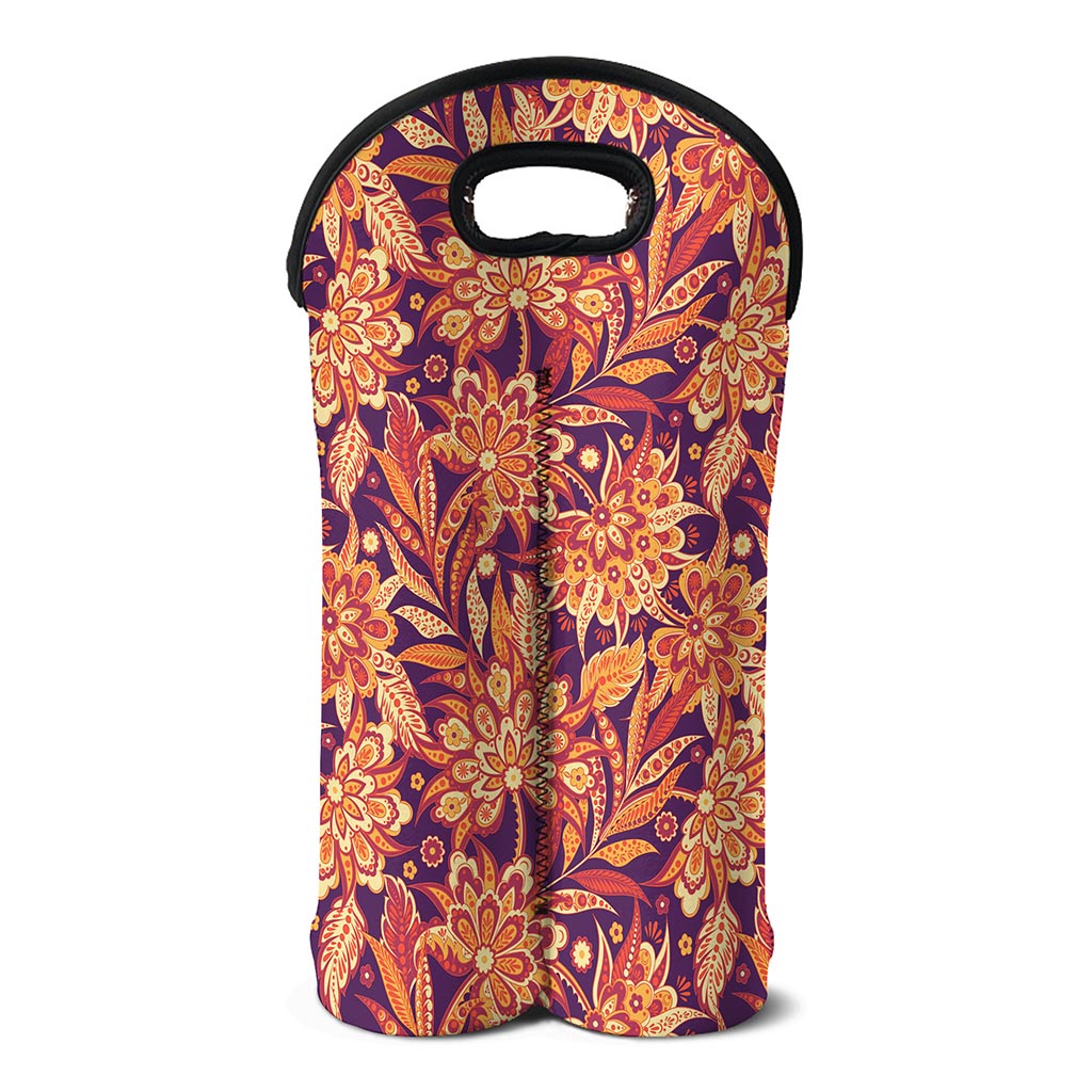 Orange Bohemian Floral Pattern Print Double Neoprene Wine Tote