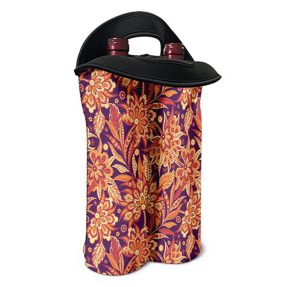 Orange Bohemian Floral Pattern Print Double Neoprene Wine Tote