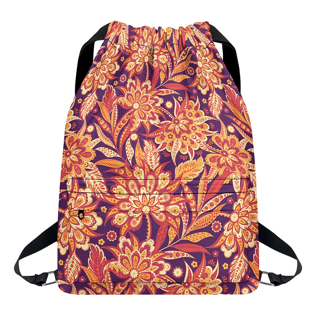 Orange Bohemian Floral Pattern Print Drawstring Backpack