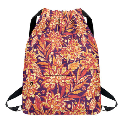 Orange Bohemian Floral Pattern Print Drawstring Backpack