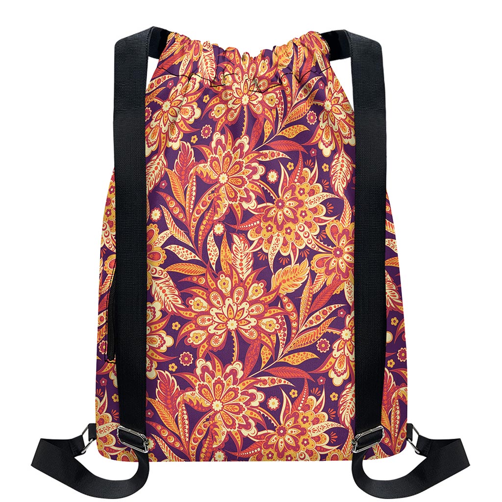 Orange Bohemian Floral Pattern Print Drawstring Backpack
