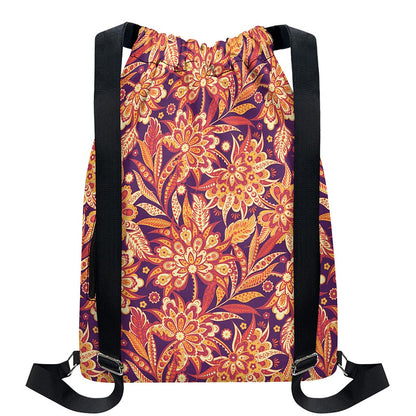 Orange Bohemian Floral Pattern Print Drawstring Backpack