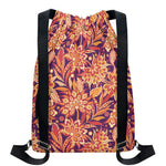 Orange Bohemian Floral Pattern Print Drawstring Backpack