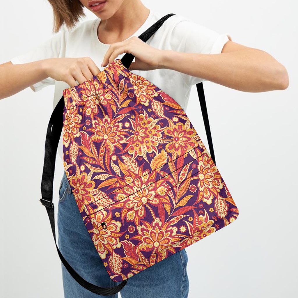 Orange Bohemian Floral Pattern Print Drawstring Backpack