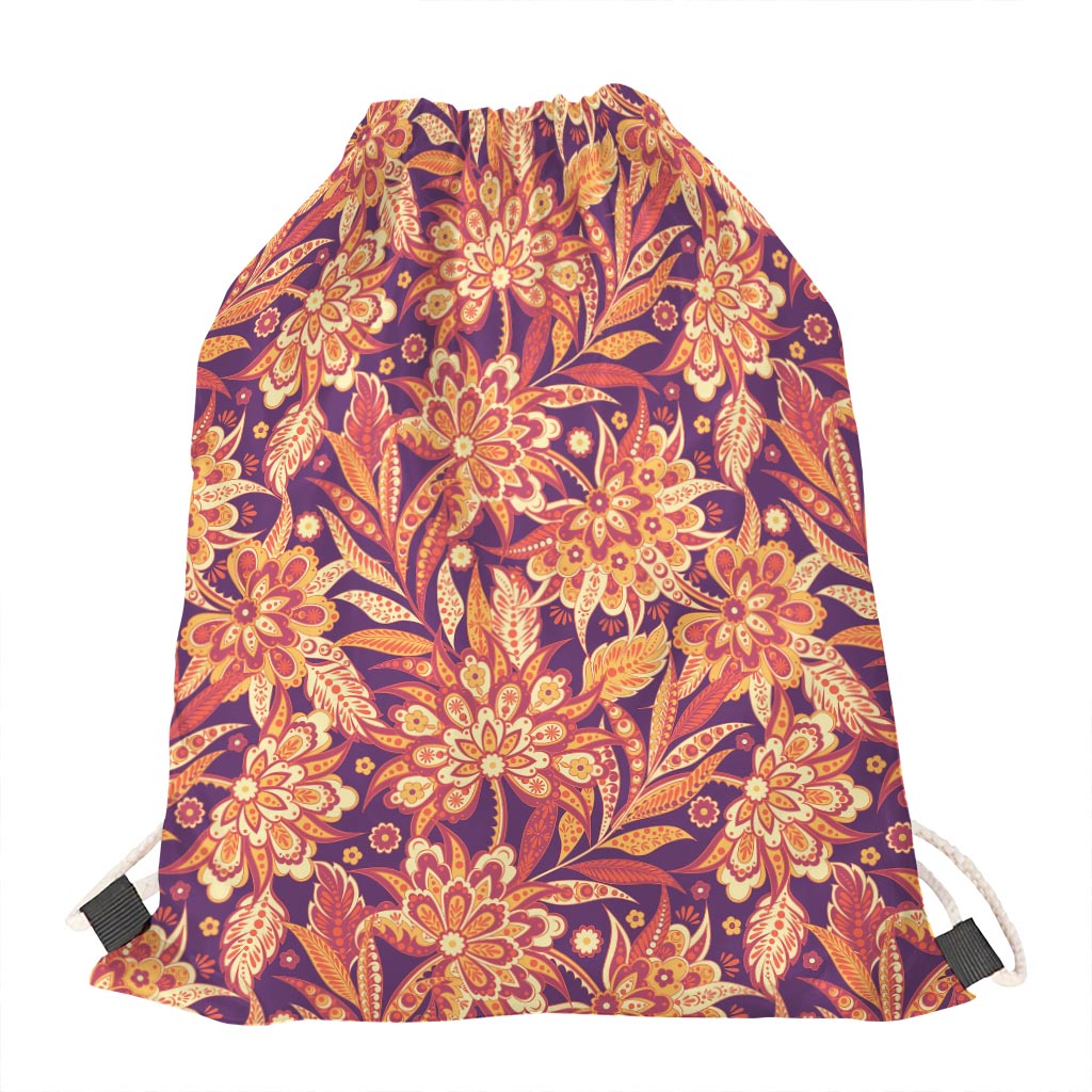 Orange Bohemian Floral Pattern Print Drawstring Bag