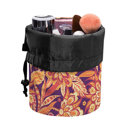 Orange Bohemian Floral Pattern Print Drawstring Makeup Bag