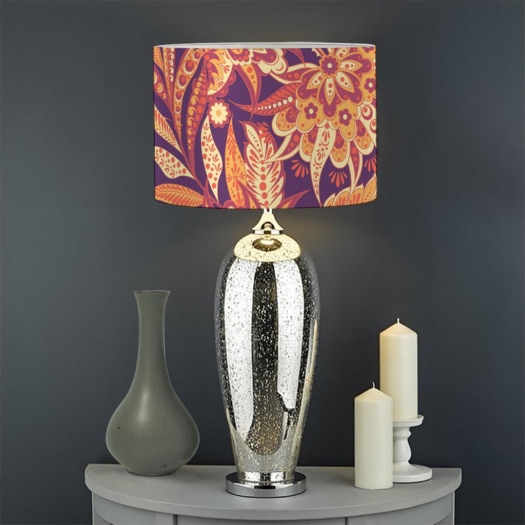 Orange Bohemian Floral Pattern Print Drum Lamp Shade