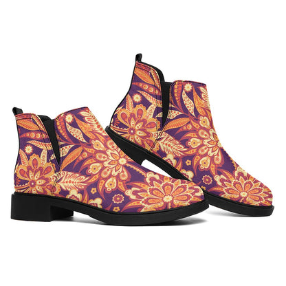 Orange Bohemian Floral Pattern Print Flat Ankle Boots