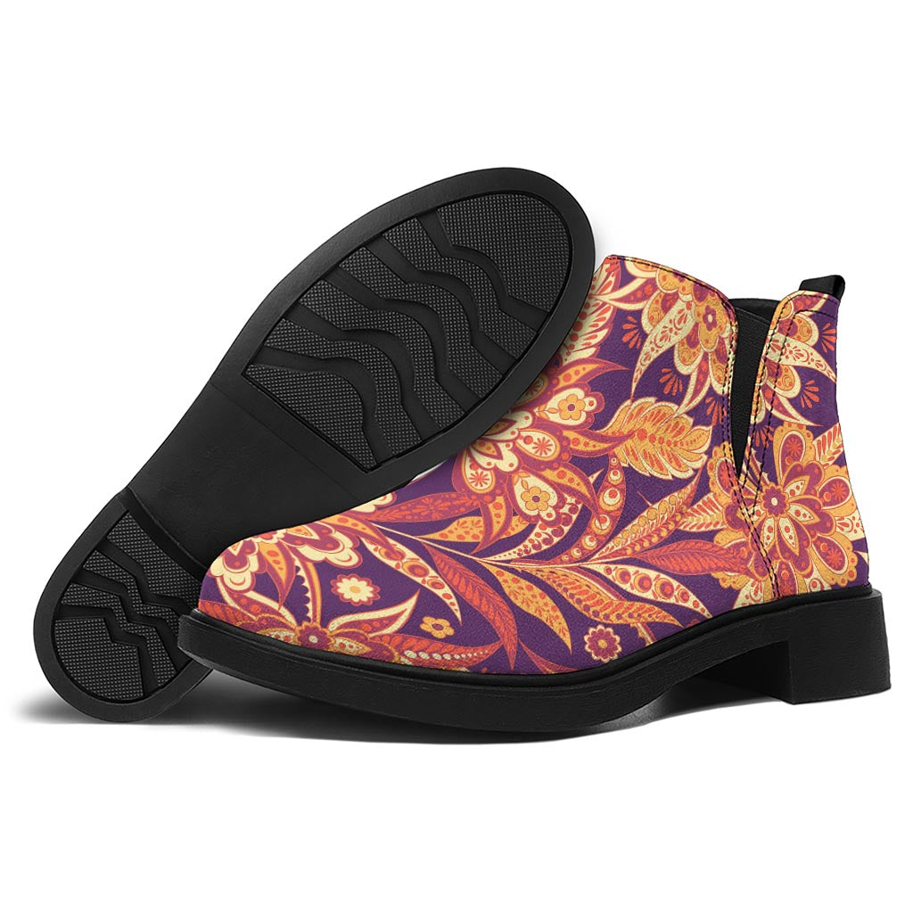 Orange Bohemian Floral Pattern Print Flat Ankle Boots