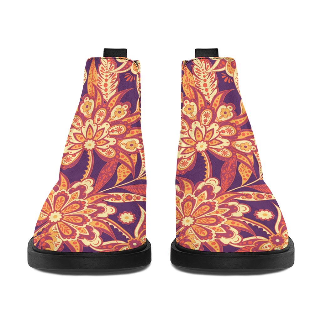 Orange Bohemian Floral Pattern Print Flat Ankle Boots