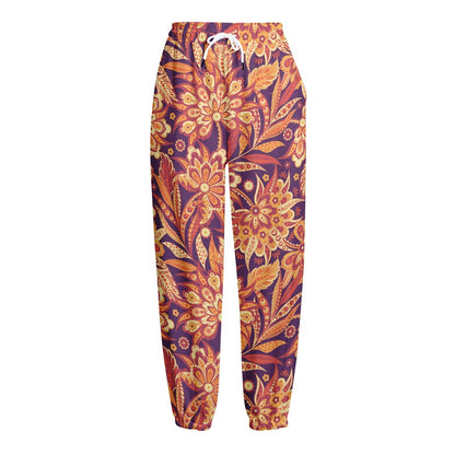 Orange Bohemian Floral Pattern Print Fleece Lined Knit Pants