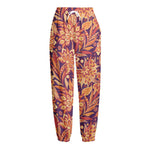 Orange Bohemian Floral Pattern Print Fleece Lined Knit Pants