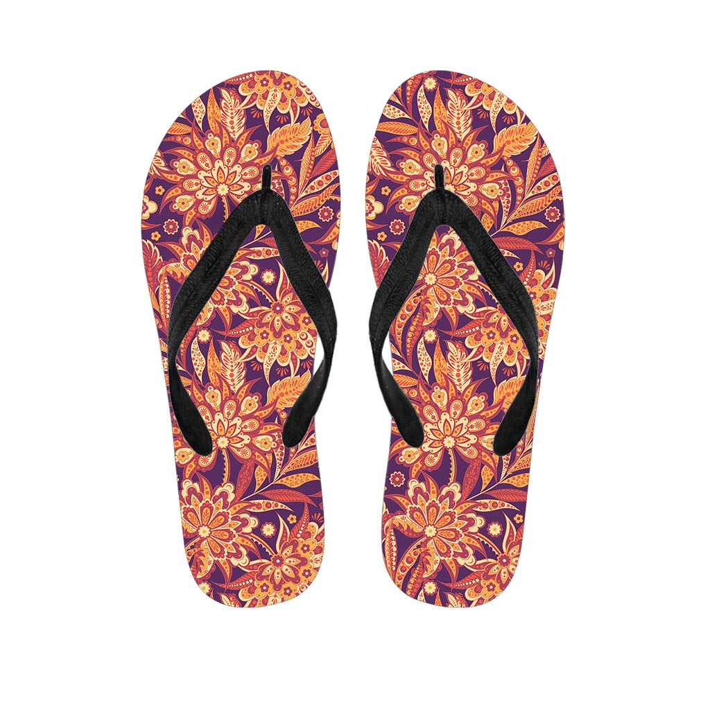 Orange Bohemian Floral Pattern Print Flip Flops