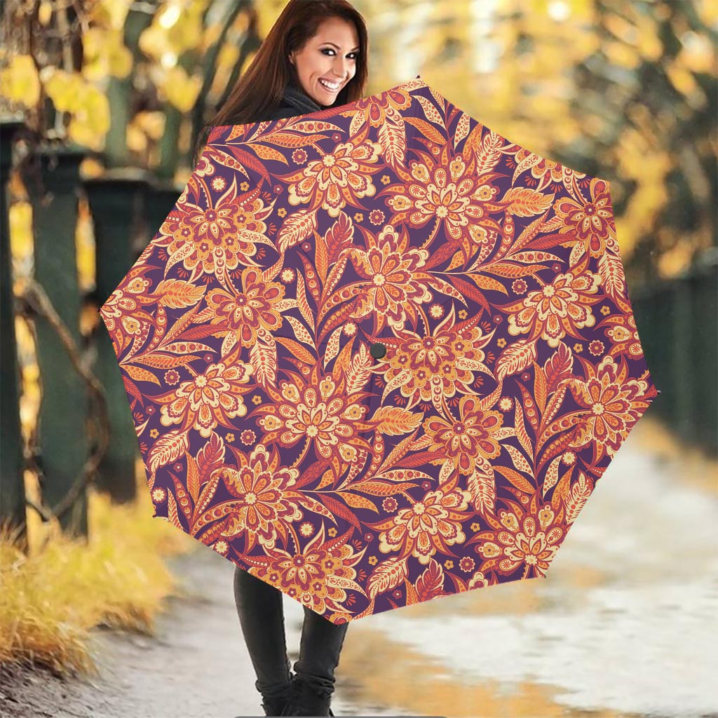 Orange Bohemian Floral Pattern Print Foldable Umbrella