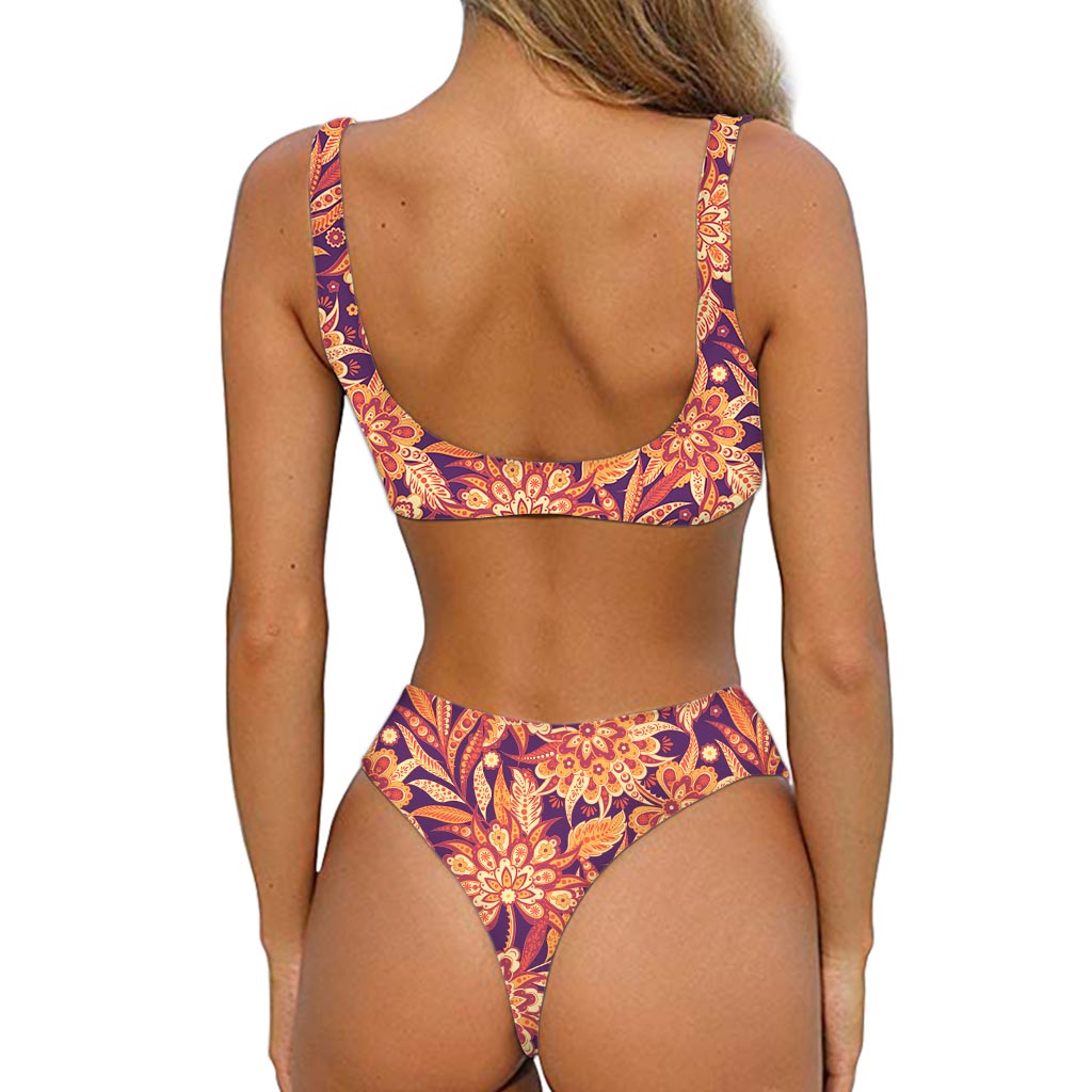 Orange Bohemian Floral Pattern Print Front Bow Tie Bikini