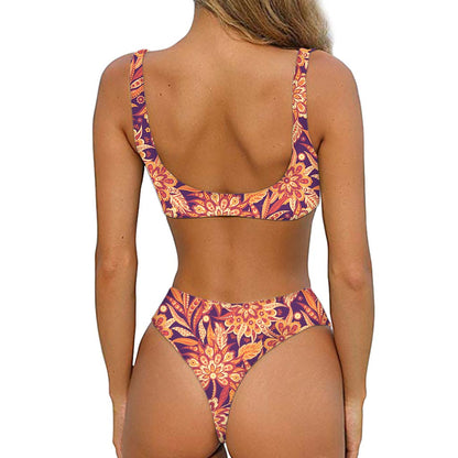 Orange Bohemian Floral Pattern Print Front Bow Tie Bikini