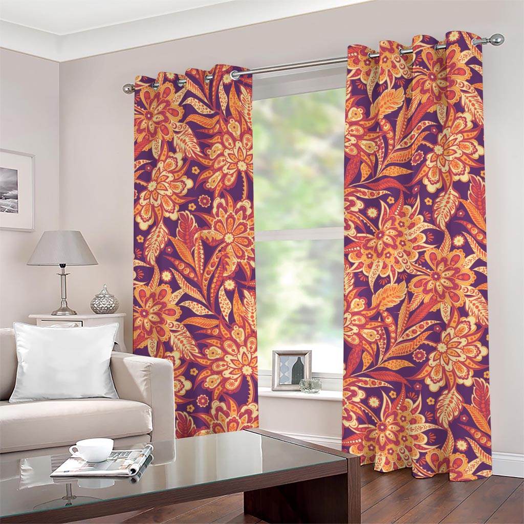 Orange Bohemian Floral Pattern Print Grommet Curtains