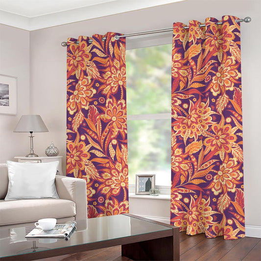 Orange Bohemian Floral Pattern Print Grommet Curtains