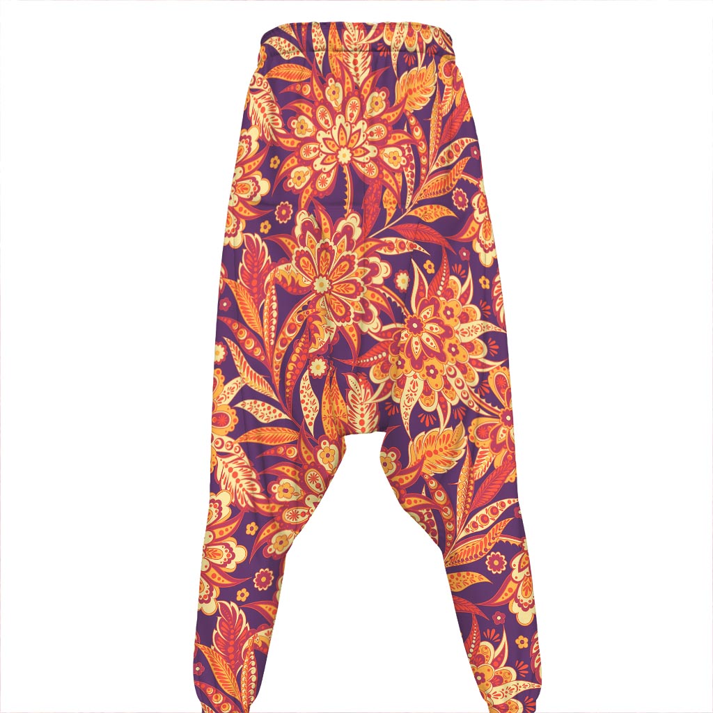 Orange Bohemian Floral Pattern Print Hammer Pants