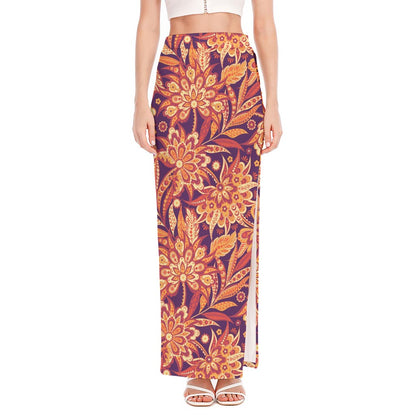 Orange Bohemian Floral Pattern Print High Slit Maxi Skirt