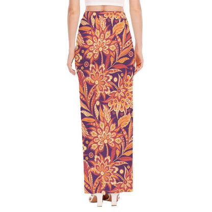 Orange Bohemian Floral Pattern Print High Slit Maxi Skirt