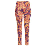 Orange Bohemian Floral Pattern Print High-Waisted Pocket Leggings