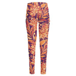 Orange Bohemian Floral Pattern Print High-Waisted Pocket Leggings