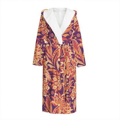 Orange Bohemian Floral Pattern Print Hooded Bathrobe