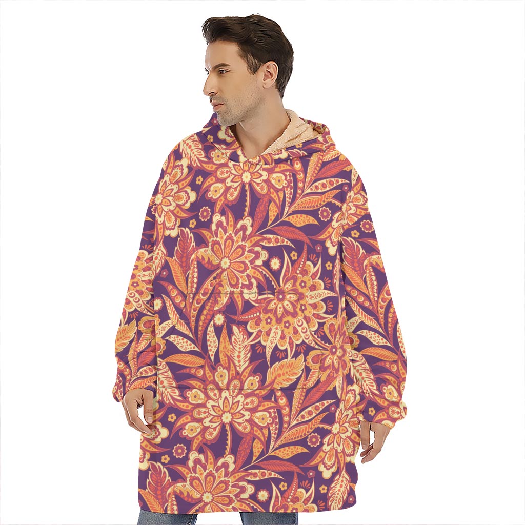 Orange Bohemian Floral Pattern Print Hoodie Blanket