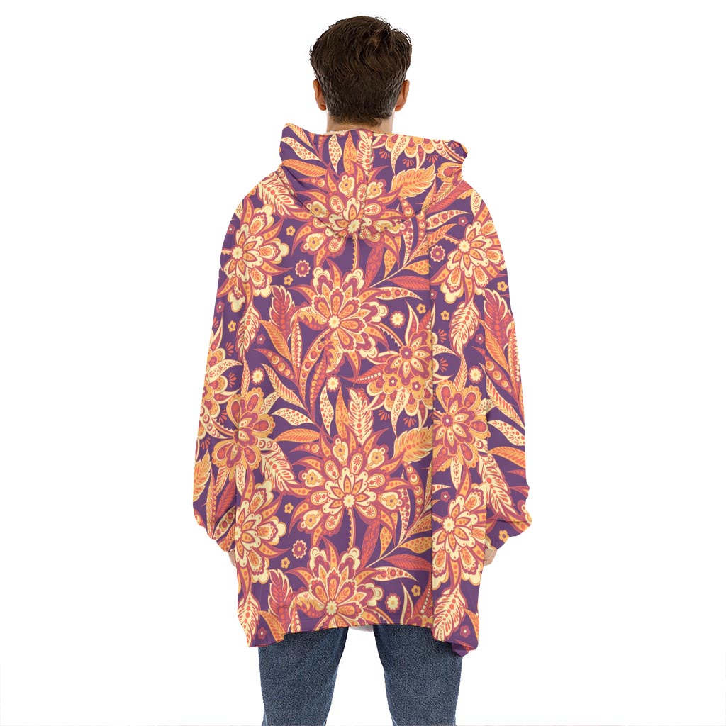 Orange Bohemian Floral Pattern Print Hoodie Blanket