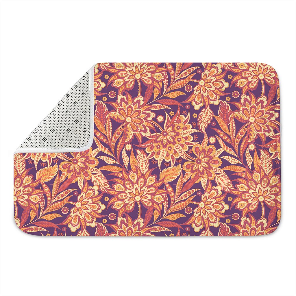 Orange Bohemian Floral Pattern Print Indoor Door Mat