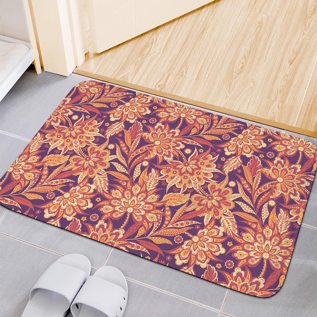 Orange Bohemian Floral Pattern Print Indoor Door Mat
