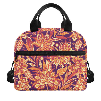 Orange Bohemian Floral Pattern Print Insulated Lunch Bag