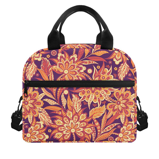Orange Bohemian Floral Pattern Print Insulated Lunch Bag