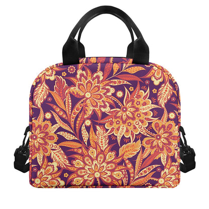 Orange Bohemian Floral Pattern Print Insulated Lunch Bag