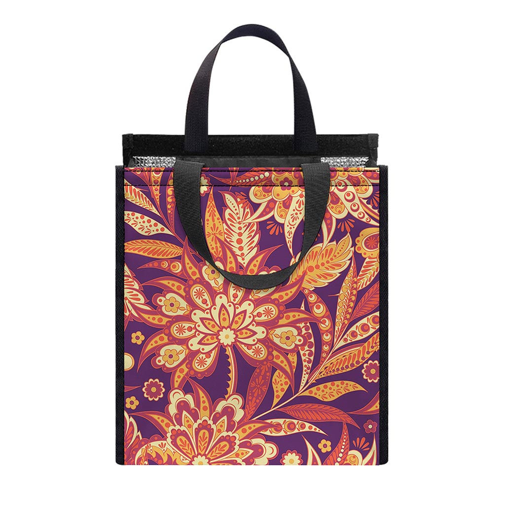 Orange Bohemian Floral Pattern Print Insulated Lunch Tote