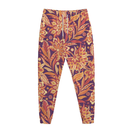 Orange Bohemian Floral Pattern Print Jogger Pants
