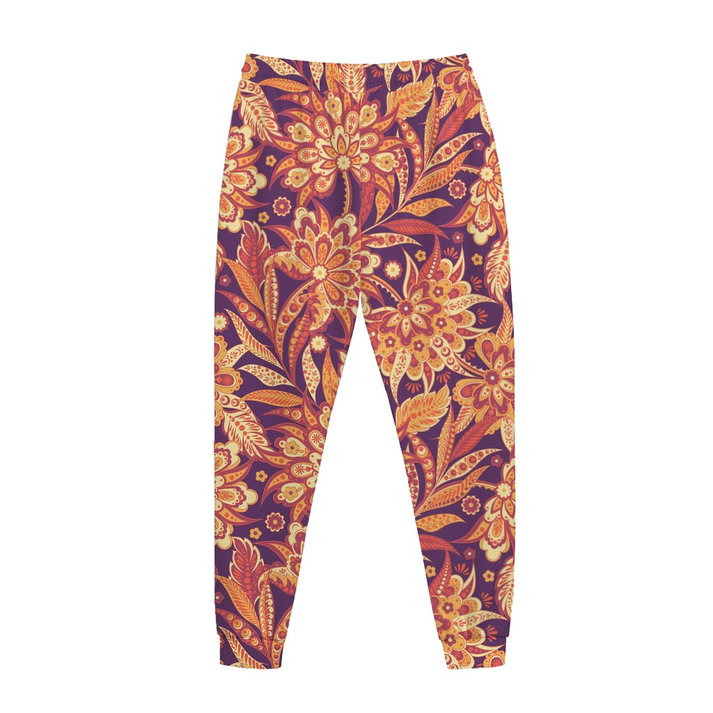 Orange Bohemian Floral Pattern Print Jogger Pants