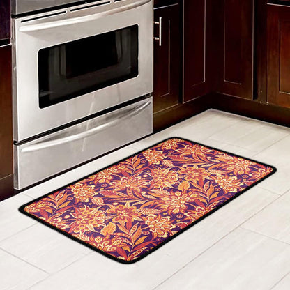 Orange Bohemian Floral Pattern Print Kitchen Mat