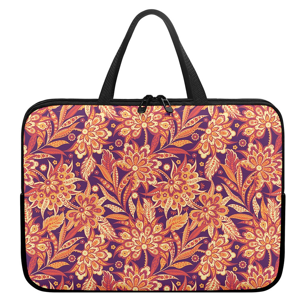 Orange Bohemian Floral Pattern Print Laptop Sleeve With Handle