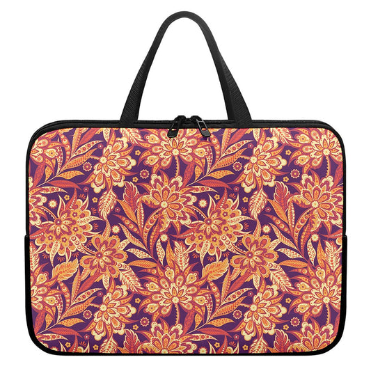 Orange Bohemian Floral Pattern Print Laptop Sleeve With Handle