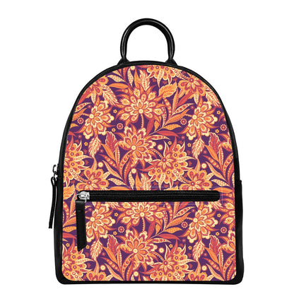 Orange Bohemian Floral Pattern Print Leather Backpack